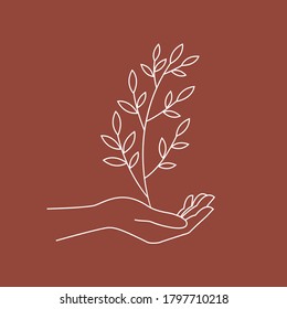 Hojas de mano, plantilla de logotipo, estilo de arte de línea. Perfecto para el diseño de marca de productos cosméticos de skincare. Ilustración del vector