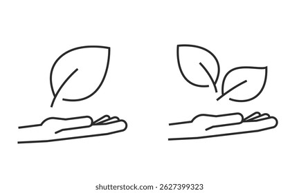 Hand holding leaf sprout line stroke simple vector icon graphic set, nature friendly care outline thin linear modern sign symbol logo, love plant gardening image clip art 