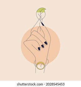 Hand holding leaf. Vector composition in outline style