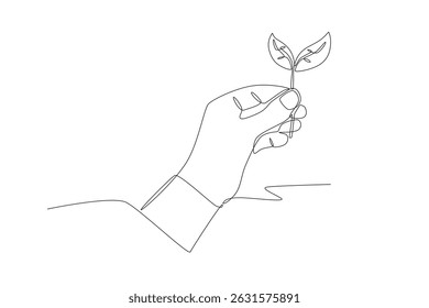 Hand holding a leaf. World environment day concept one-line drawing