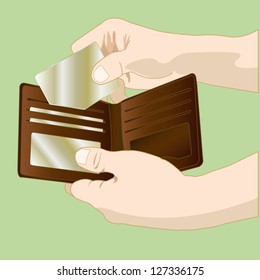 hand holding  leather wallet vector ,  hand holding leather wallet inserting a credit card   into a wallet