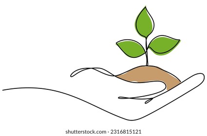 Hand holding leaves continuous line drawing. Plant branch with ground in human arm one line art. Vector illustration isolated on white.