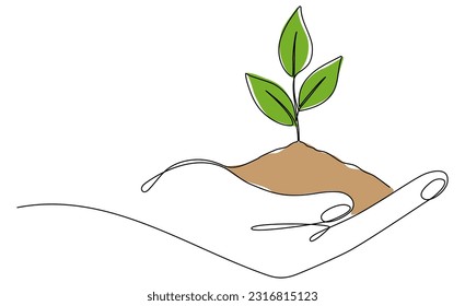 La sujeción de la mano deja un plano continuo de la línea. Rama de planta con suelo en el brazo humano de una línea de arte. Ilustración vectorial aislada en blanco.