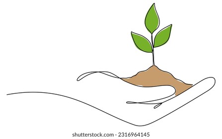 La sujeción de la mano deja un plano continuo de la línea. Rama de planta con suelo en el brazo humano de una línea de arte. Ilustración vectorial aislada en blanco.
