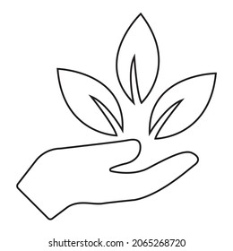 Hand holding Leaves Leaf Vector. Black and white. White background. Line drawing.