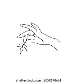 Hand holding leaves. Line style. Isolated on white background.