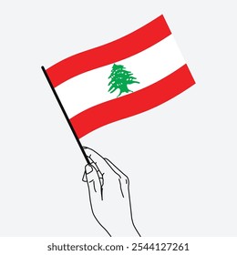 Hand holding Lebanon flag in line art drawing style. Lebanon hand Flag waving. Vector illustration