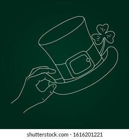 Hand holding a leprechaun hat with clover in outline. Saint Patrick day banner with trefoil for holiday party.