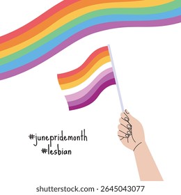 A hand holding lesbian pride flag. LGBT pride month square banner. Vector illustration for an annual celebration of gender diversity
