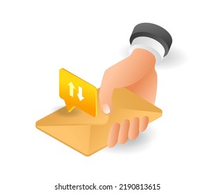 Hand holding letter envelope in isometric and flat illustration