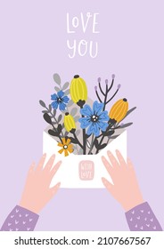 Hand holding letter with flowers. Hand drawn vector illustration. Card or invitation concept.