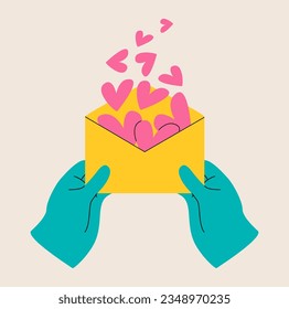 Hand holding letter with many hearts inside, love concept. Colorful vector illustration
