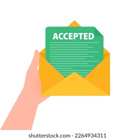 Hand holding a letter with text accepted. Email with accepted header. Confirmation email message.