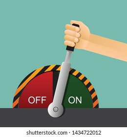 Hand Holding Lever Switch On And Off Vector Illustration.