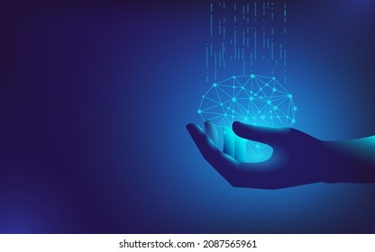 The hand holding a levitating neural network in the form of a brain, which receives the world's information flows. Template for a vector horizontal banner.