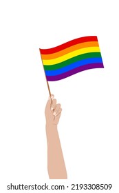 Hand holding lgbt colored flag on white background. LGBTQ community symbol. Concept of LGBT, lesbian and trans, LGBT Pride Month holiday. Vector ilustration.