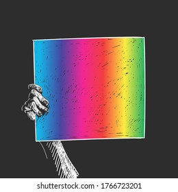 Hand holding LGBT gay pride banner. White with rainbow color sketch on black background, Hand drawn vector illustration