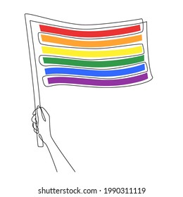 Hand holding LGBT rainbow flag in continuous one line drawing. Pride month celebration against violence, discrimination, human rights violation. Vector illustration in simple linear style.