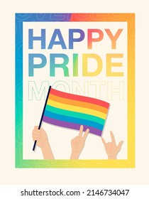 Hand holding a LGBTQ+ flag. Happy Pride Month with rainbow background. Design for poster, banner, flyer and etc. Vector illustration