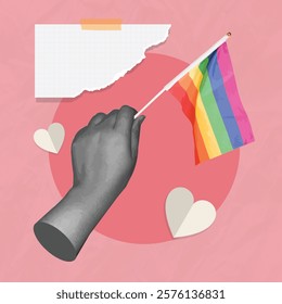 Hand holding LGBTQ+ flag, Valentine's Day collage featuring a hand making a heart gesture, Valentine concpet, Trendy retro 60s 70s cartoon style.