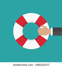 Hand holding a lifebuoy on bue background. Help, support, survival or investment symbol. red and blue lifebelt, swimming rubber ring. save business concept. vector illustration in flat style. 