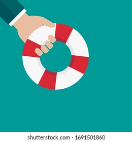 Hand holding a lifebuoy on bue background. Help, support, survival or investment symbol. red and blue lifebelt, swimming rubber ring. save business concept. vector illustration in flat style. 