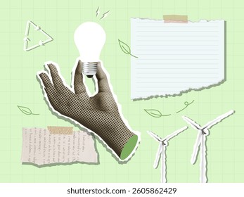 A hand holding a light bulb alongside eco-friendly elements, emphasizing the importance of renewable energy and sustainability in design.