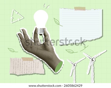 A hand holding a light bulb alongside eco-friendly elements, emphasizing the importance of renewable energy and sustainability in design.