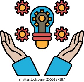 A hand is holding a light bulb with a bunch of gears around it. Concept of innovation and creativity, as the gears represent the different components that come together to create something new