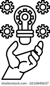 A hand holding a light bulb with a bunch of gears around it