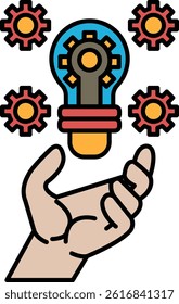 A hand holding a light bulb with a bunch of gears around it. Concept of innovation and creativity