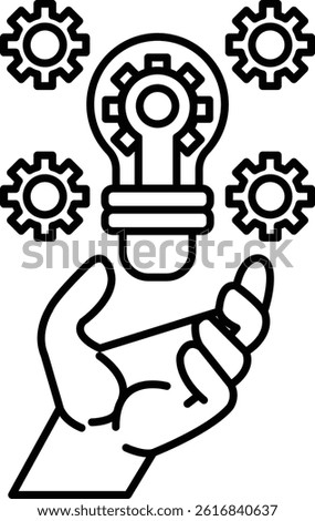 A hand holding a light bulb with a bunch of gears around it
