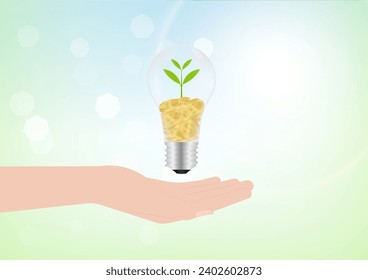 Hand Holding Light Bulb with Coins and Money Plant. Saving Energy,  Money and Electricity. Green Energy or Renewable Energy. Eco- Friendly Concept. 