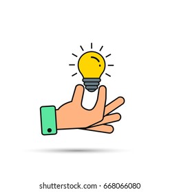 Hand holding light bulb color icon. Business idea concept. Vector.