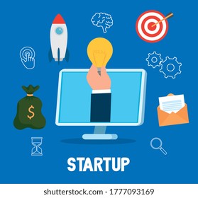 hand holding light bulb in computer design, Start up plan idea strategy and marketing theme Vector illustration