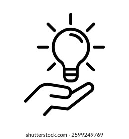 Hand holding a light bulb, concept of innovation and creativity. Vector icon. Editable stroke.