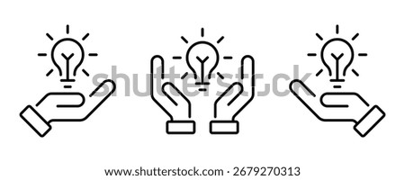 Hand holding a light bulb, concept of innovation and creativity. Business thinking, creative idea icon. Knowledge logotype design. Startup symbol. Inspiration and problem-solving visualization