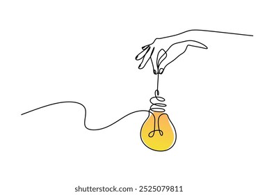 Mano que sostiene el dibujo continuo de una línea de la bombilla. Concepto de idea creativa. Fondo minimalista de Ilustración vectorial.