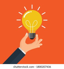 Hand holding light bulb. creative thinking banner symbol to success.  Business idea concept. Vector illustration in flat style modern design. isolated on orange background.