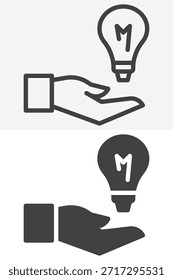 Hand holding light bulb different style icon set. Line and outline with solid icon version, editable stroke vector sign and symbol. Hand bulb icon for ideas and creativity.