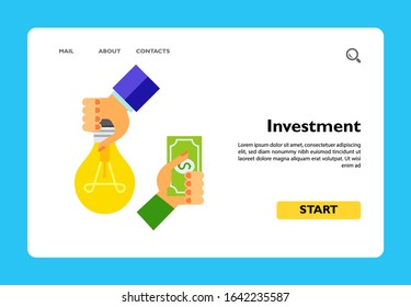 Hand holding light bulb and hand holding dollar banknote. Wealth, innovation, market. Investment concept. Can be used for topics like finance, business, banking.