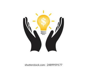La mano que sostiene la bombilla con el ícono del símbolo del dólar, la idea es concepto del dinero, Ilustración vectorial