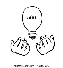 Hand holding light bulb, hand drawing vector illustration