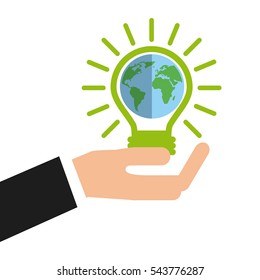 hand holding a light bulb with earth planet icon over white background. colorful design. vector illustration