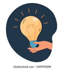 Hand holding light bulb flat vector illustration. Glowing yellow lamp isolated on dark blue background. Business, creative ideas, leadership concept for banner, website design or landing web page