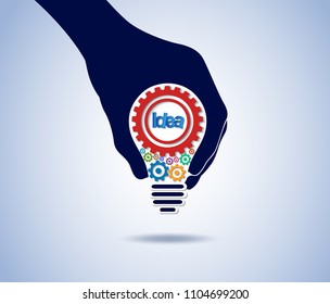 hand holding light bulb gear icon isolated background white. creative idea concept. Bright idea. the way to solve problem. business finance. Vector illustration