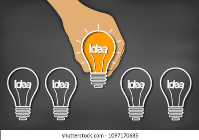 hand holding light bulb glowing isolated blackboard background. creative ideas concept. Distinction and leadership. the way to solve problem. business finance.  Vector illustration