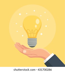 Hand holding light bulb. Good idea. Vector flat cartoon illustration