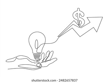 hand holding light bulb with graph economic growth success chart.continuous line vector illustration