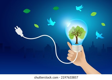 Hand holding light bulb growing green tree with flying bird. Sustainable environment to save energy and nature protection. Renewable ecology and earth day concept.